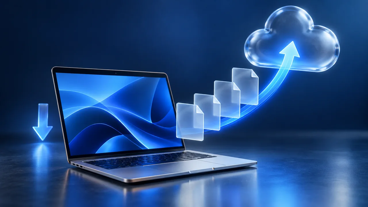 Glass file sheets travel between a laptop and a cloud along a blue transfer path.