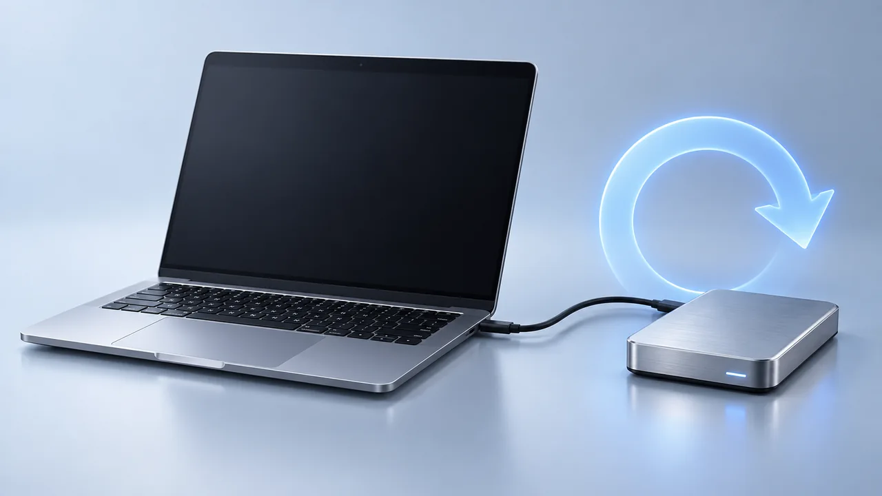 A silver laptop with its display dark, connected to an external backup drive beneath a blue circular arrow.